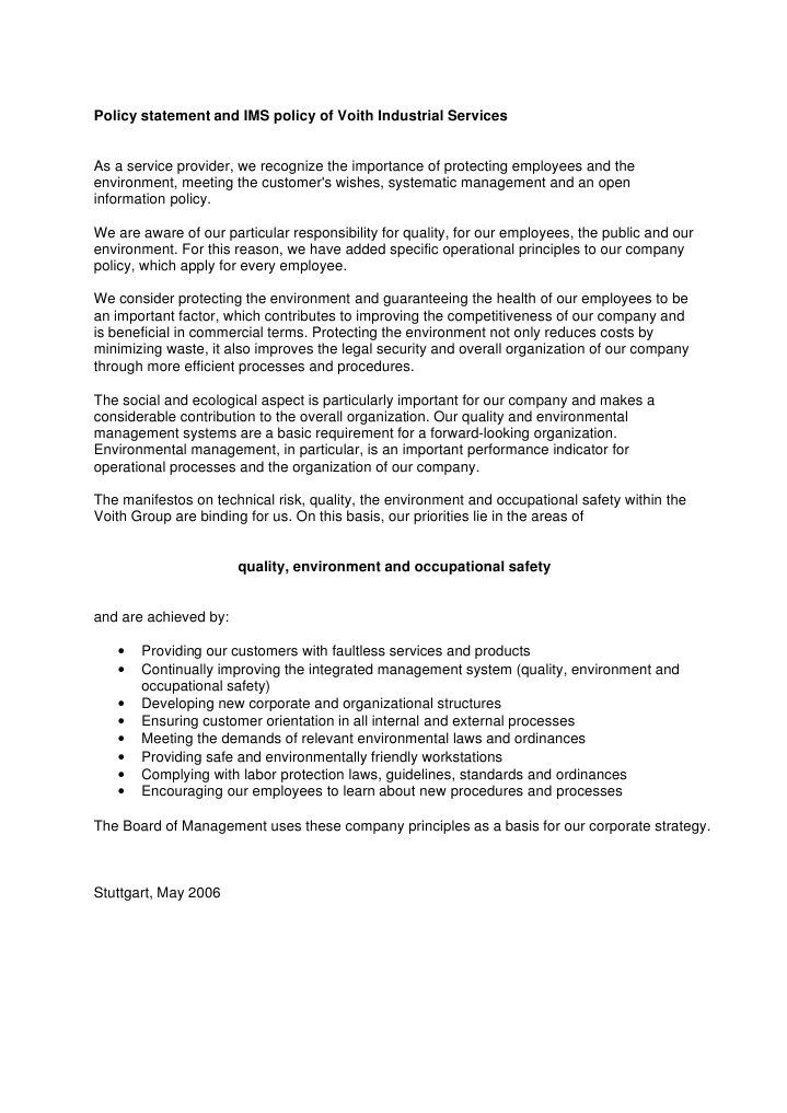 Voith IMS Policy Statement | PDF | Safety | Occupational Safety And Health
