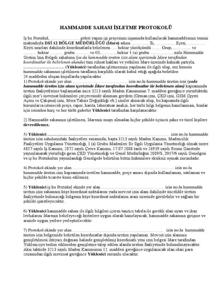 hammadde sahasi isletme protokolu ornegi