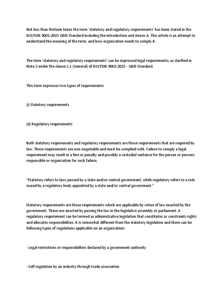 Statutory & Regulatory Requirements PDF Quality Management