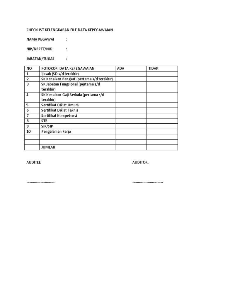 Checklist Kelengkapan File Data Kepegawaian | PDF