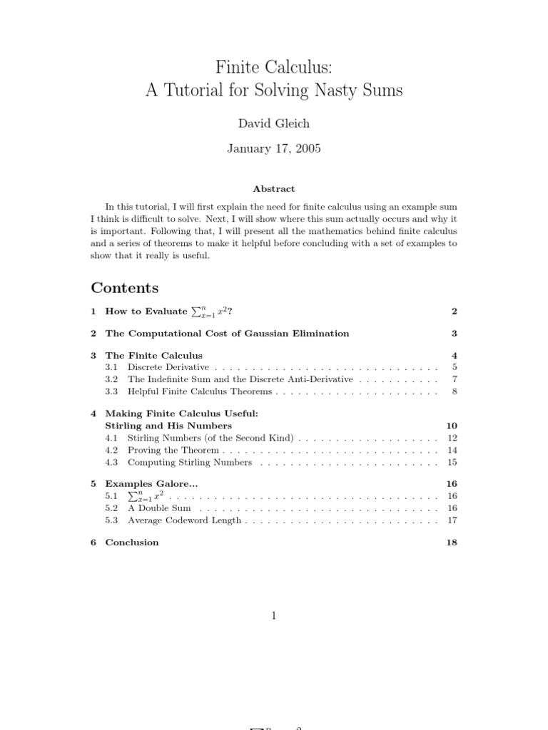 Finite Calculus: A Tutorial For Solving Nasty Sums: David Gleich ...