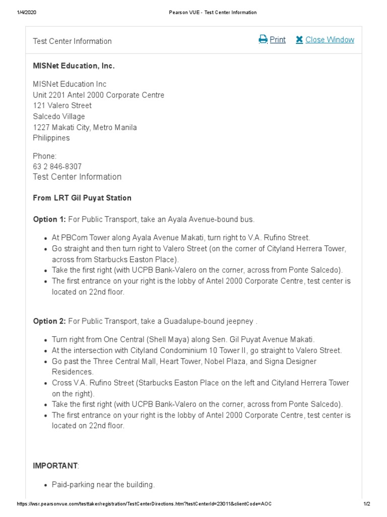 Pearson VUE Test Center Information PDF Makati Public Transport