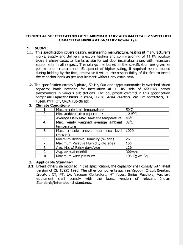 11kV Automatic Capacitor Bank Specs | PDF | Capacitor | Fuse (Electrical)