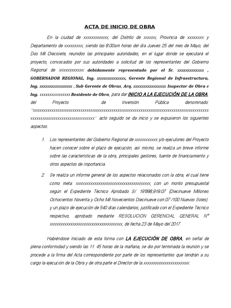 Acta de Inicio de Obra Pública 2017 | PDF | Gobierno