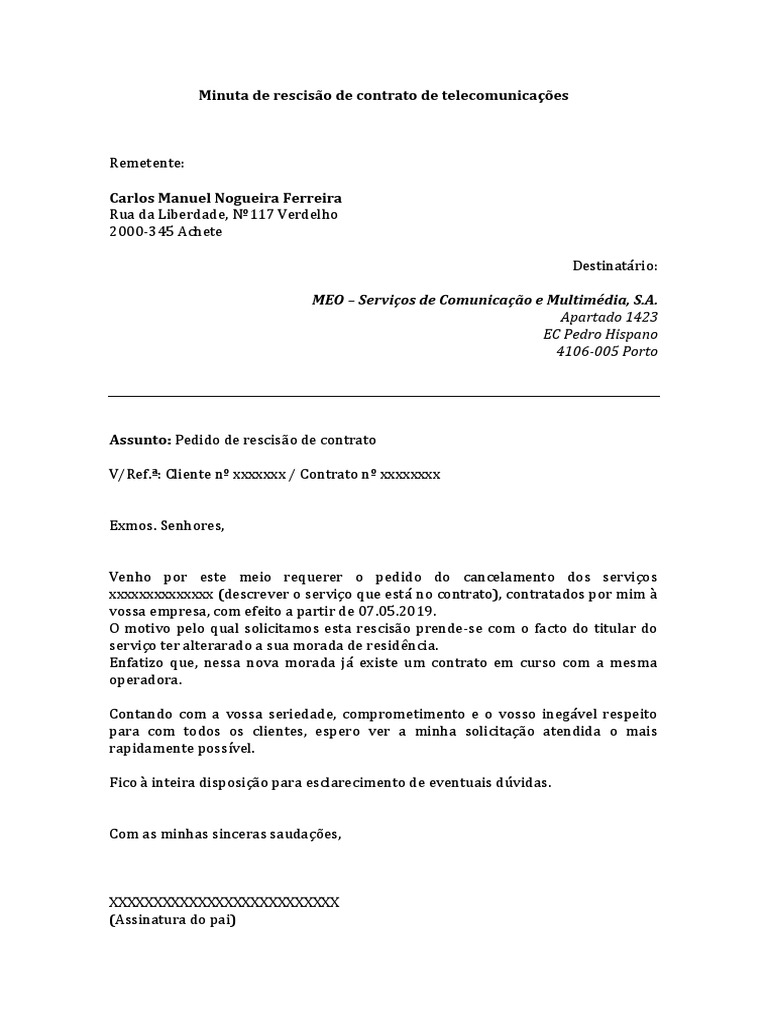 Minuta de rescisão de contrato de telecomunicações (editar antes de