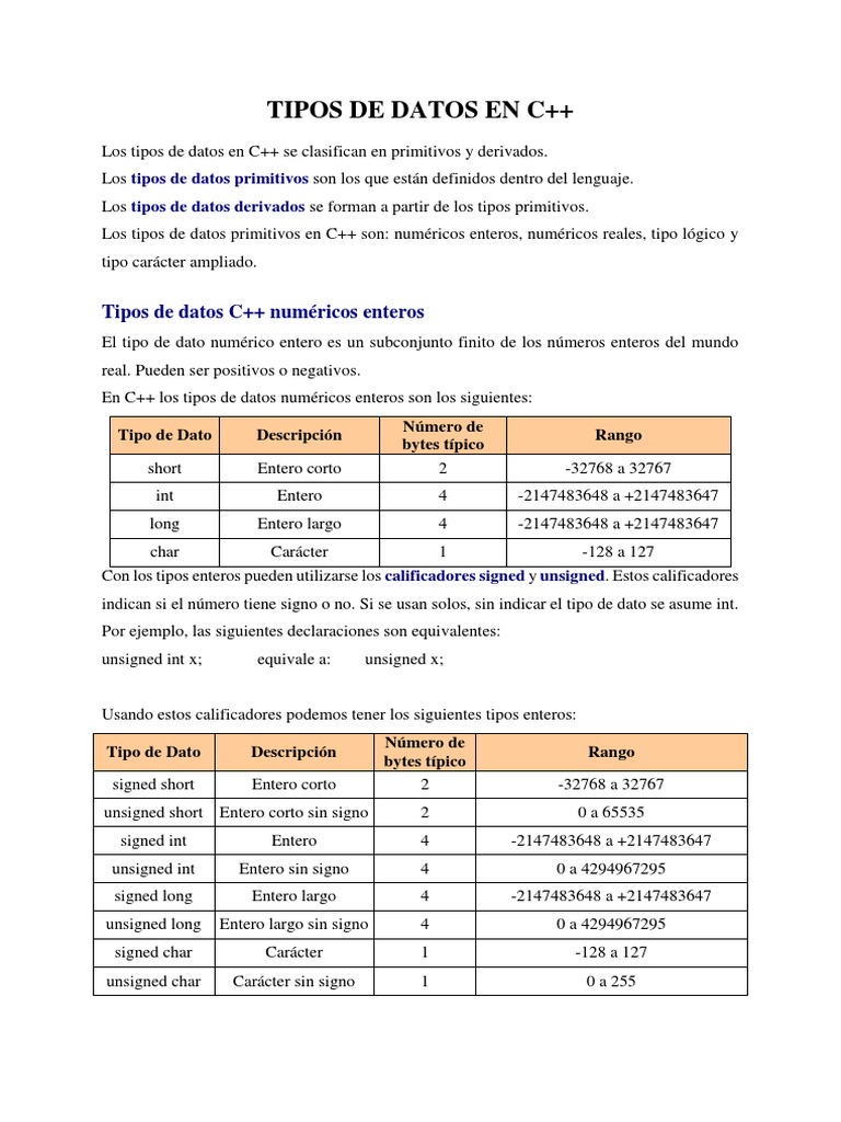 Tipos de Datos en C++: Guía Completa | PDF | Tipo de datos | C