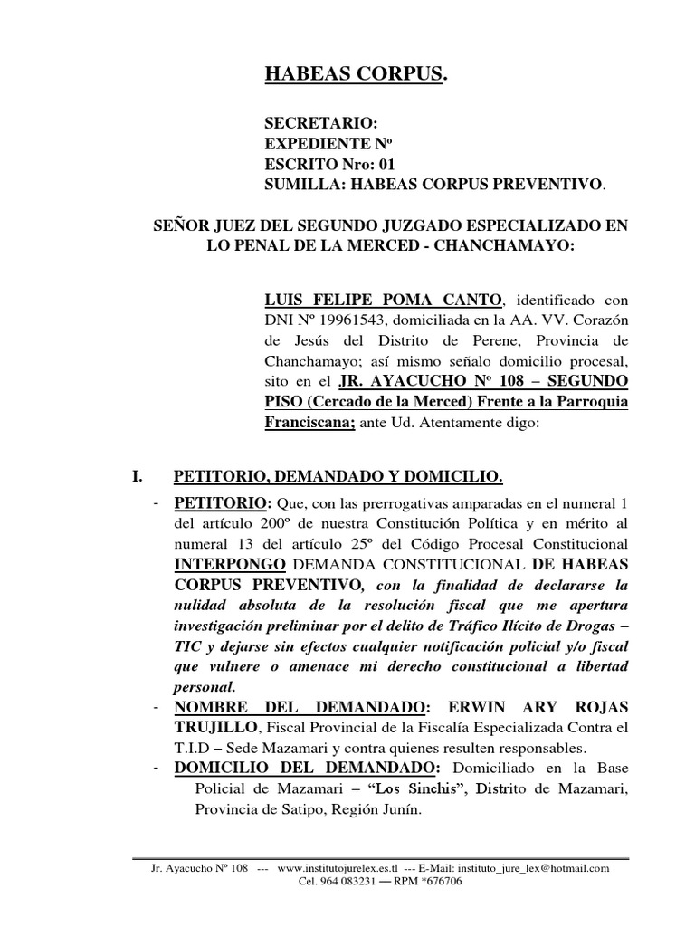 Habeas Corpus Preventivo 1 | Descargar gratis PDF | Habeas corpus | Ley ...