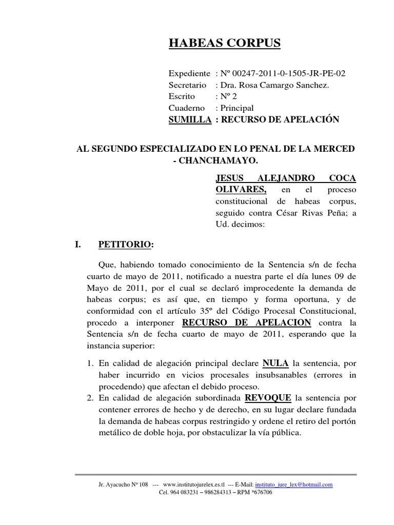 Recurso de Apelación en Habeas Corpus | PDF | Habeas corpus | Estoppel ...