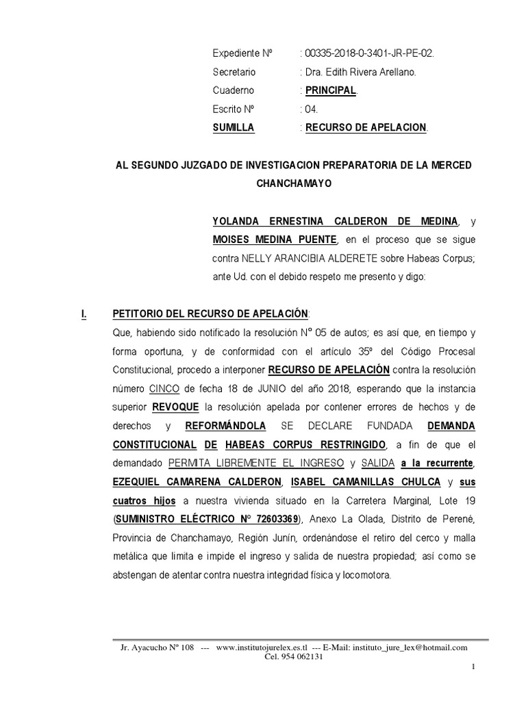 Recurso de Apelación en Habeas Corpus | PDF | Habeas corpus | Apelación