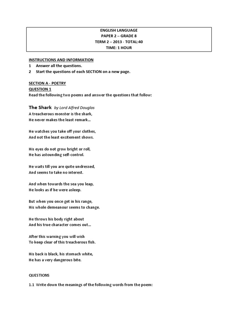 Grade 8 English Poetry Exam 2013 | PDF