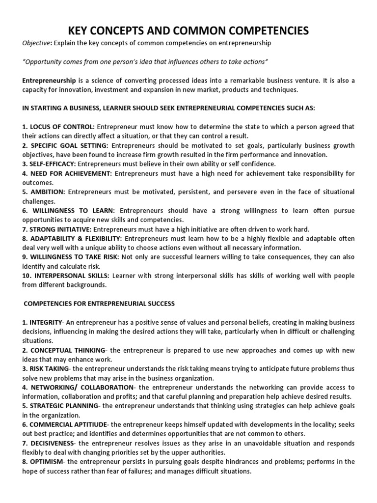 Key Concepts and Common Competencies | PDF | Entrepreneurship | Goal