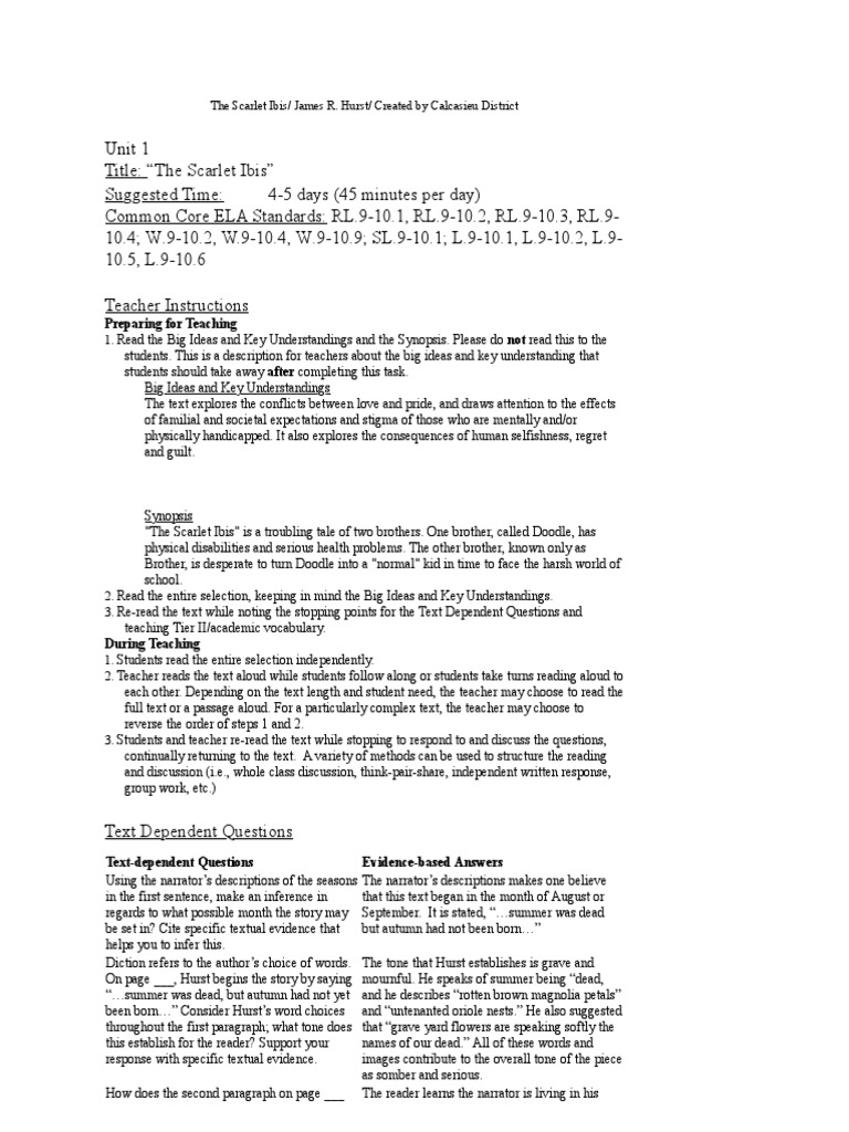 The Scarlet Ibis Text Dependent Questions Answers - Google Search For The Scarlet Ibis Worksheet Answers