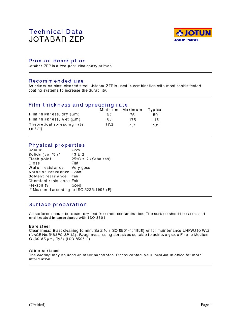 Jotabar ZEP Technical Data Sheet PDF Materials Industrial Processes