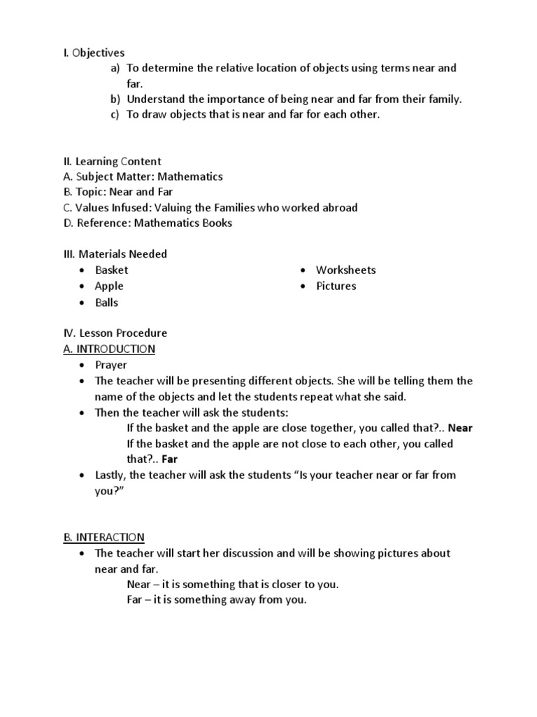 Near Far Lesson Plan Teachers Teaching Mathematics