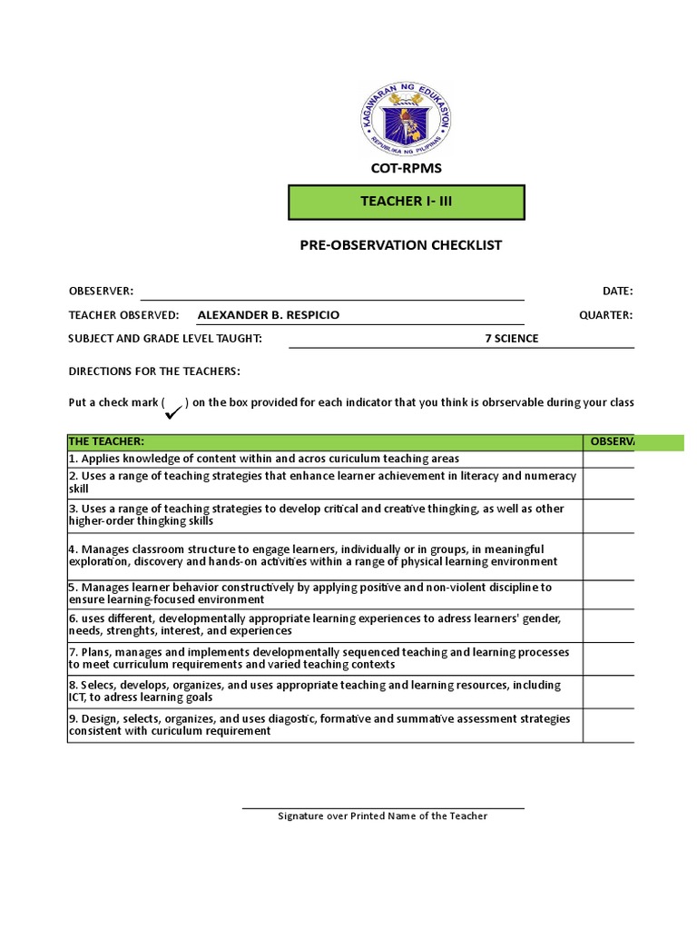 RPMS COT Checklist PDF Curriculum Educational Technology