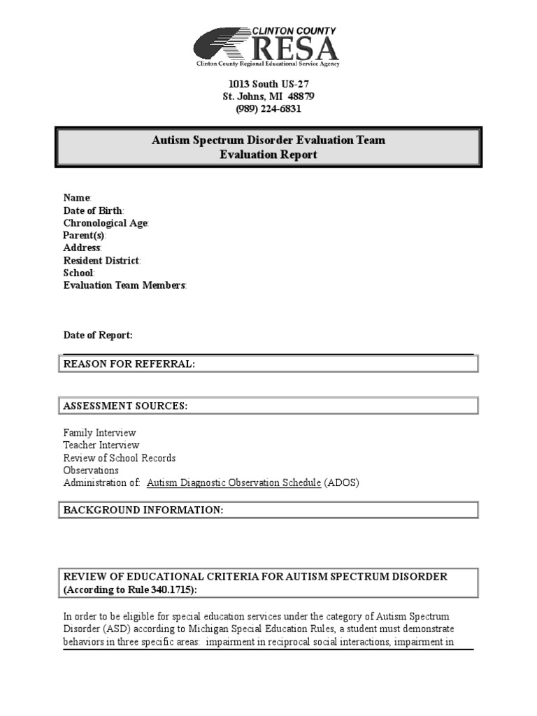 Autism Evaluation Report Summary | PDF | Autism Spectrum | Disability