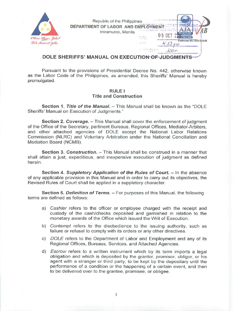 DOLE Sheriffs Manual On Execution of Judgments PDF PDF