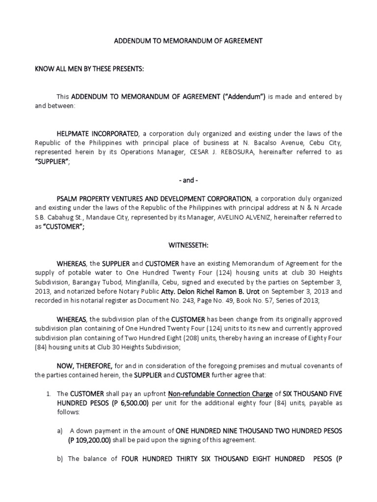 MOA - (Addendum) HI & Psalm Prop Ventures & Dev Corp Myvrs | PDF ...