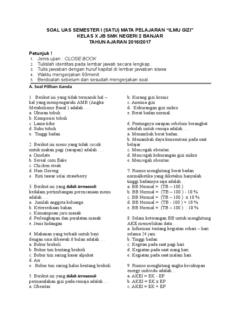 Soal Ukk Ilmu Gizi Semester 2 Pdf