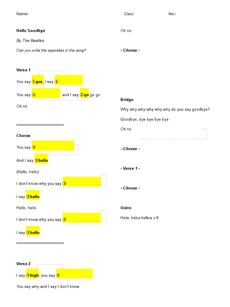Hello Goodbye Worksheet | PDF