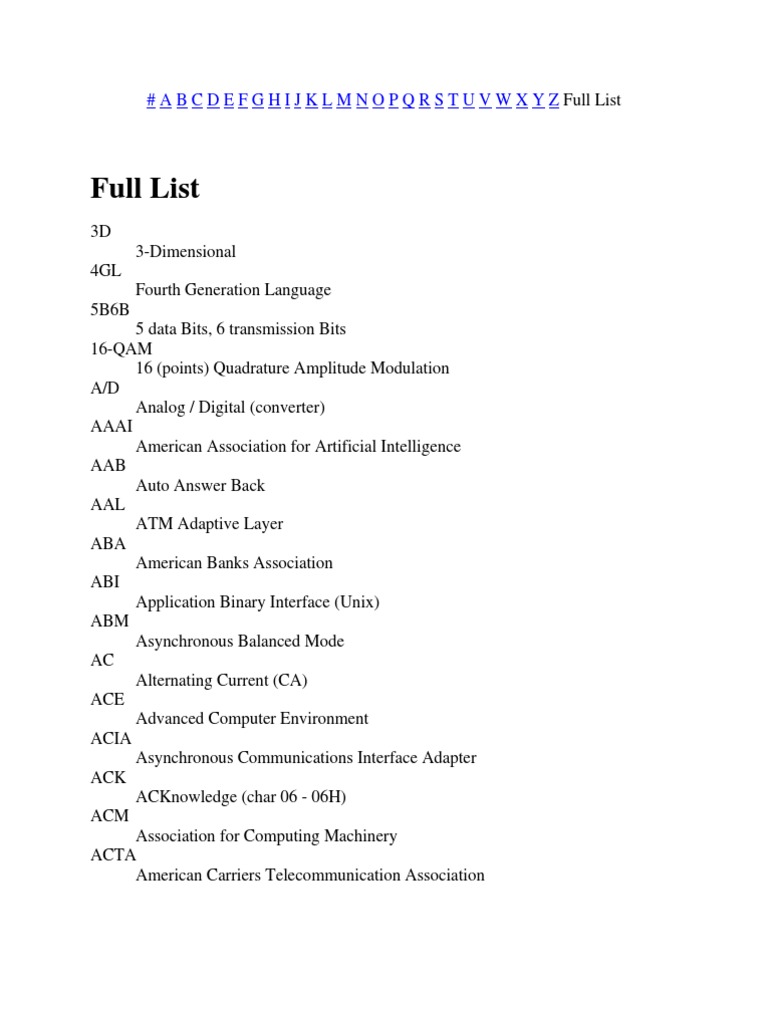 Comprehensive Acronym List A-Z | PDF | Telecommunication | Computer Network