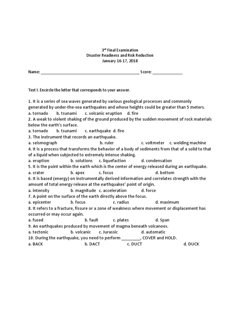 Grade 12 Disaster Readiness Exam | PDF | Earthquakes | Volcano