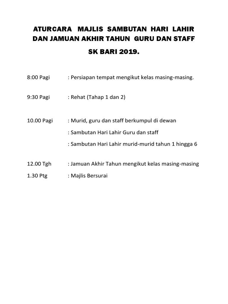 Aturcara Majlis Sambutan Hari Lahir Dan Jamuan Akhir Tahun Guru Dan Staff Pdf