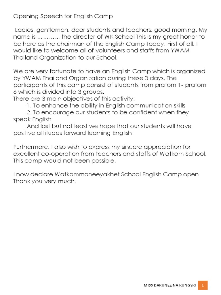 Opening And Closing Speech For English Camp Pdf Teaching Pedagogy