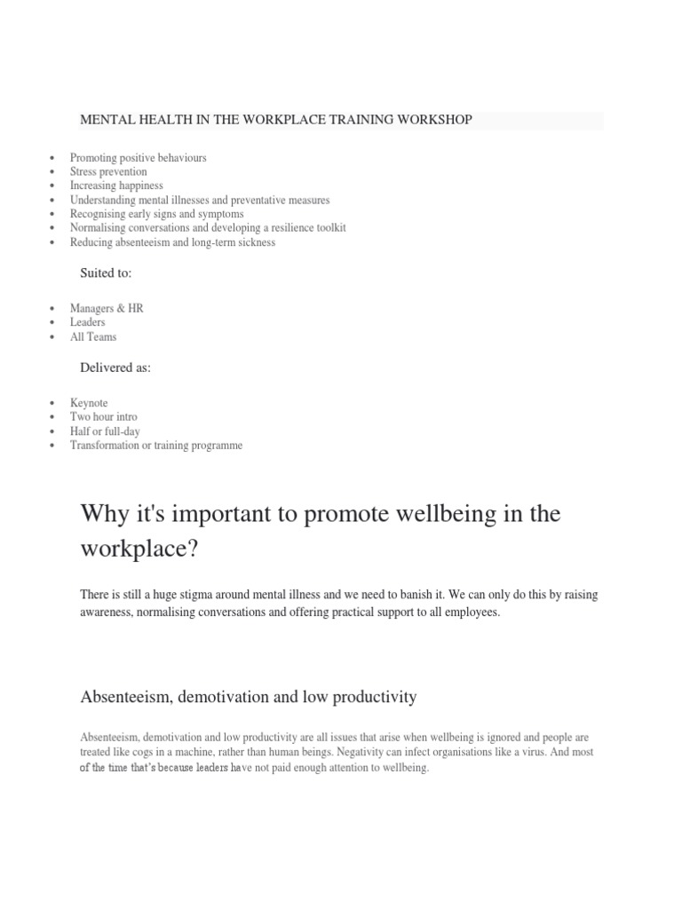 Mental Health in The Workplace Training Workshop | PDF | Mental ...