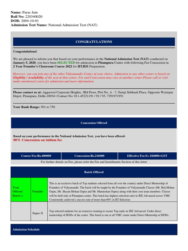 VMC NAT Admission Offer for Pitampura | PDF | Business