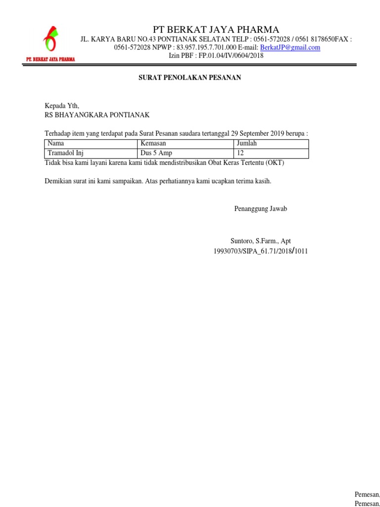 Surat Penolakan Pesanan