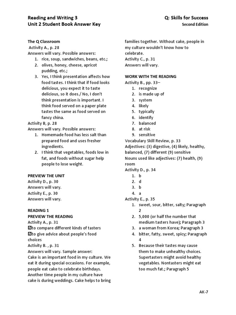 U02 Answerkey Reading 1 Pdf Taste Foods