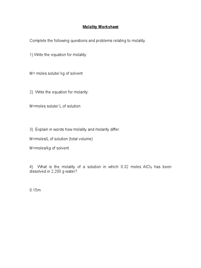 Molarity And Molality Worksheet Answers
