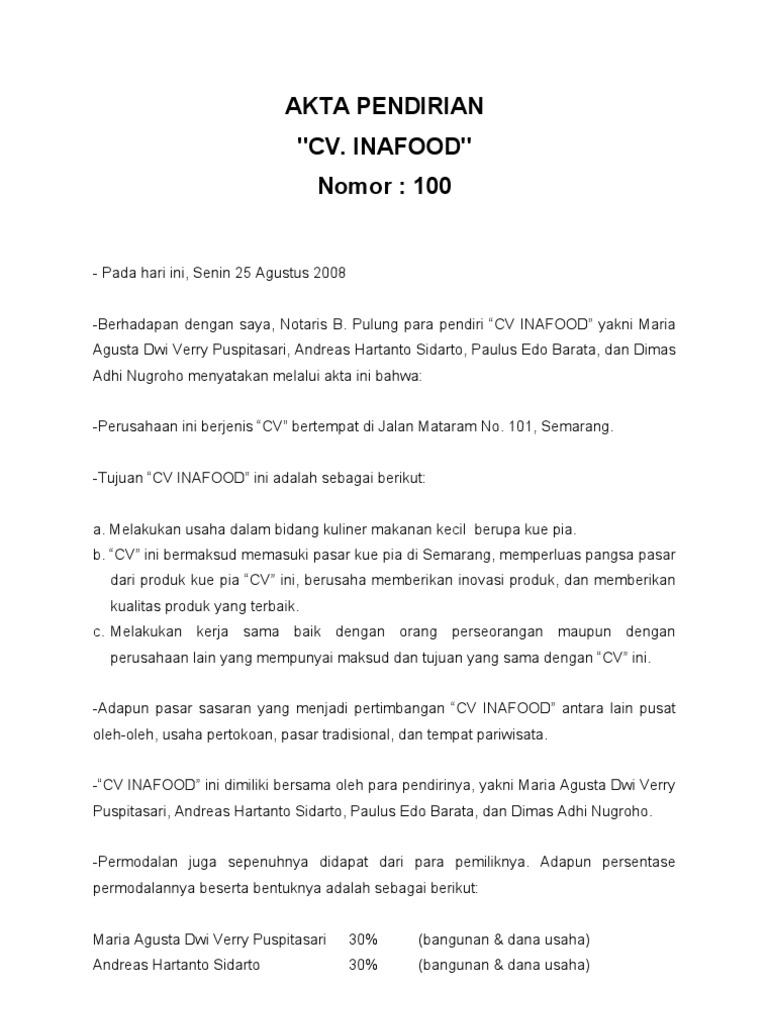 Contoh Akta Pendirian Cv Doc / Blog untuk berlatih menulis Jenis Badan