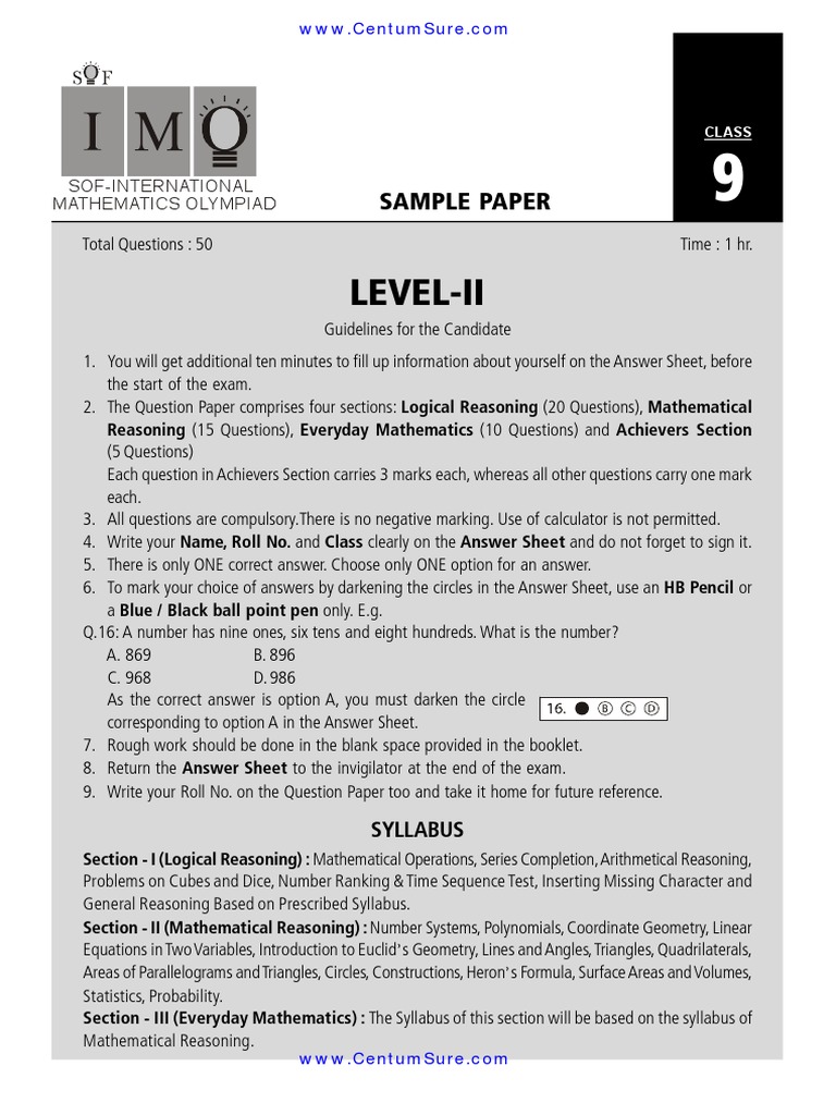 Class 9 IMO Sample Paper Guide | PDF | Fraction (Mathematics) | Area