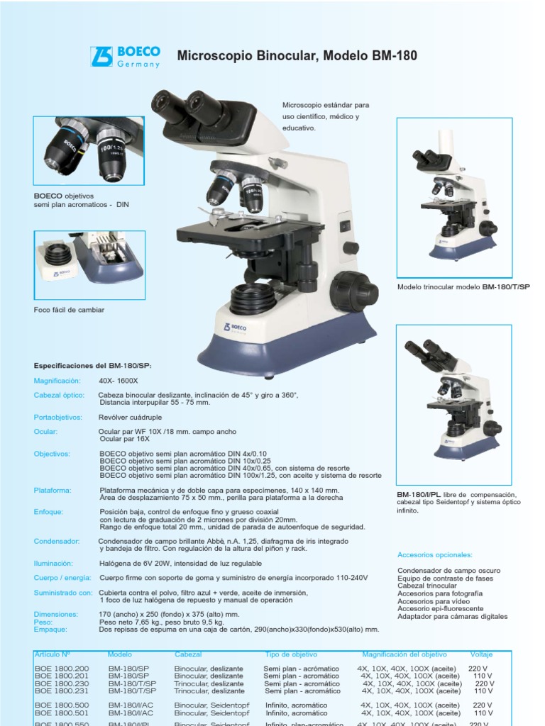 Microscopio Boeco BM-180: Especificaciones | PDF | Dispositivos ópticos ...