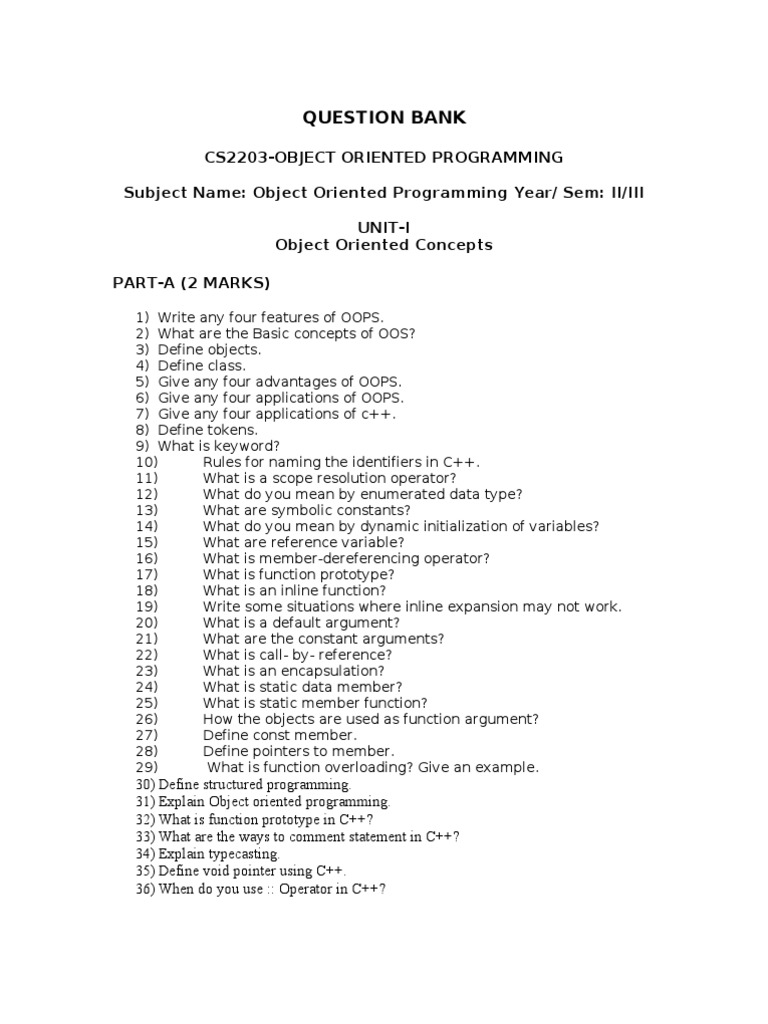 Oops Question Bank Cs 2203 Pdf C Constructor Object Oriented Programming