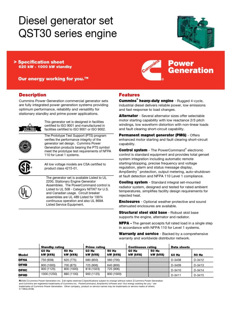 CumminsQST30DieselGeneratorSpecSheet.pdf Machines Electrical