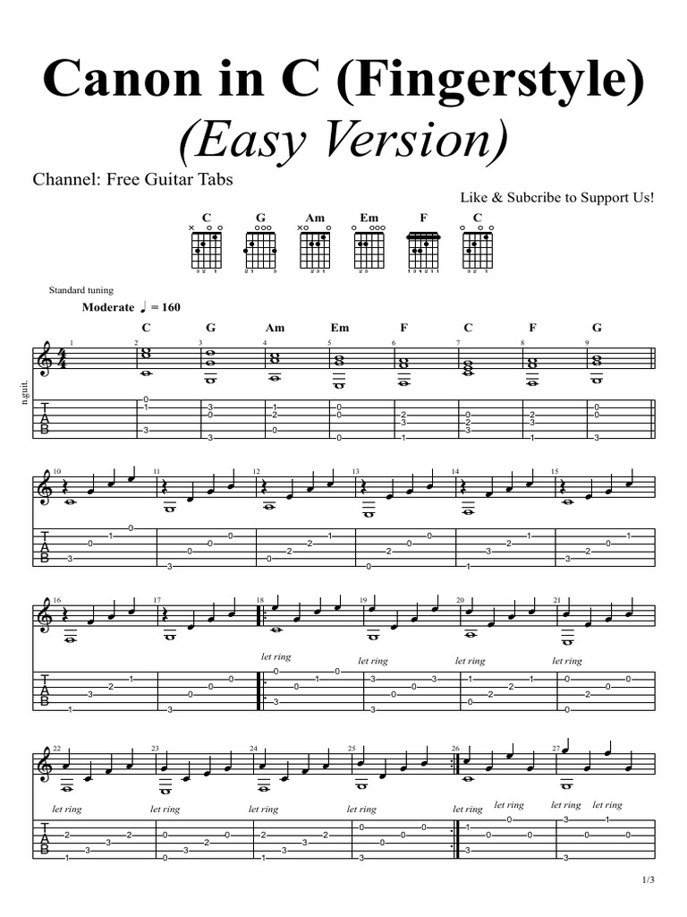 Canon in C (Fingerstyle) PDF PDF European Musical Instruments Guitar Family Instruments