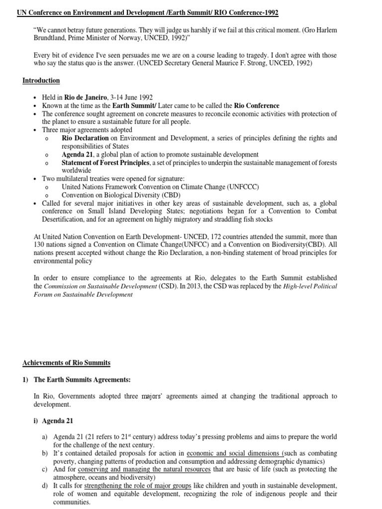 RIO Summit 1992 | Download Free PDF | United Nations Framework ...