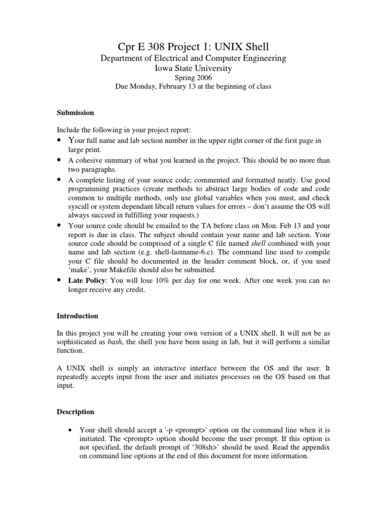 CPR E 308 Project 1 UNIX Shell Department of Electrical and Computer