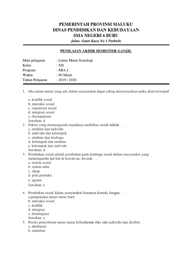 Soal Lintas Minat Sosiologi Kelas Xii Kunci Jawaban Pdf
