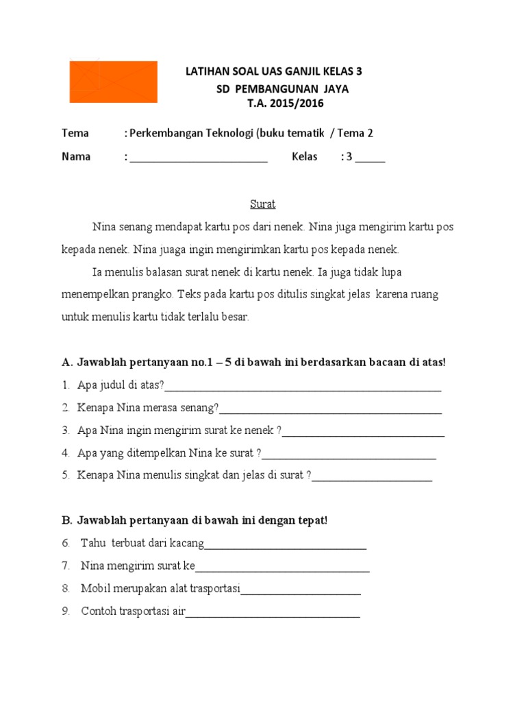 Latihan Soal Uas Ganjil Tema 2 Kelas 3 T A 2015 2016 Docx
