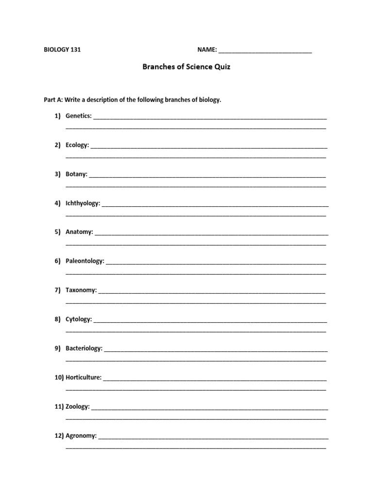 Branches of Biology Quiz | PDF | Biology | Zoology