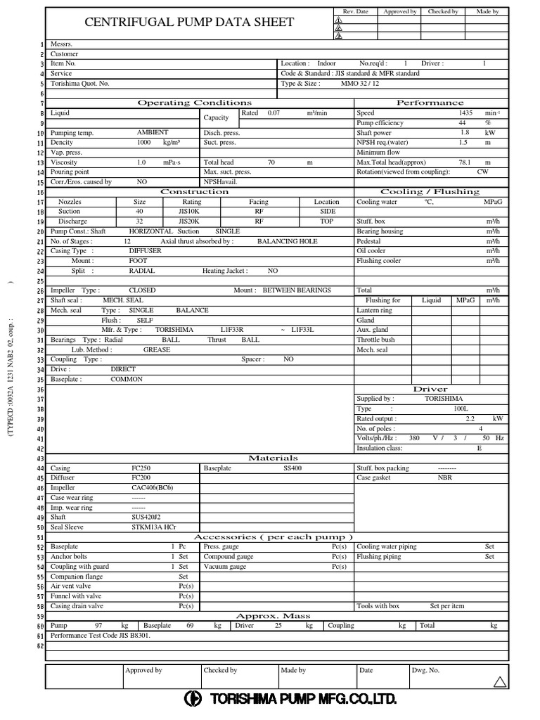 Centrifugal Pump Data Sheet | PDF | Pump | Machines