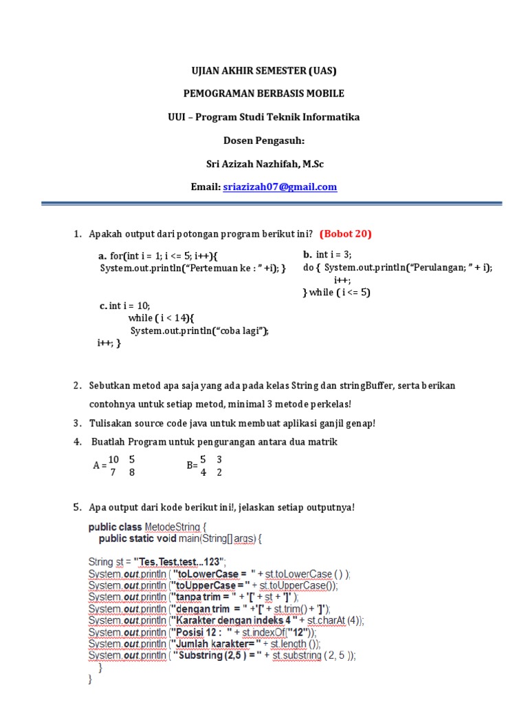 UAS Pemrograman Mobile: Soal & Kode Java | PDF