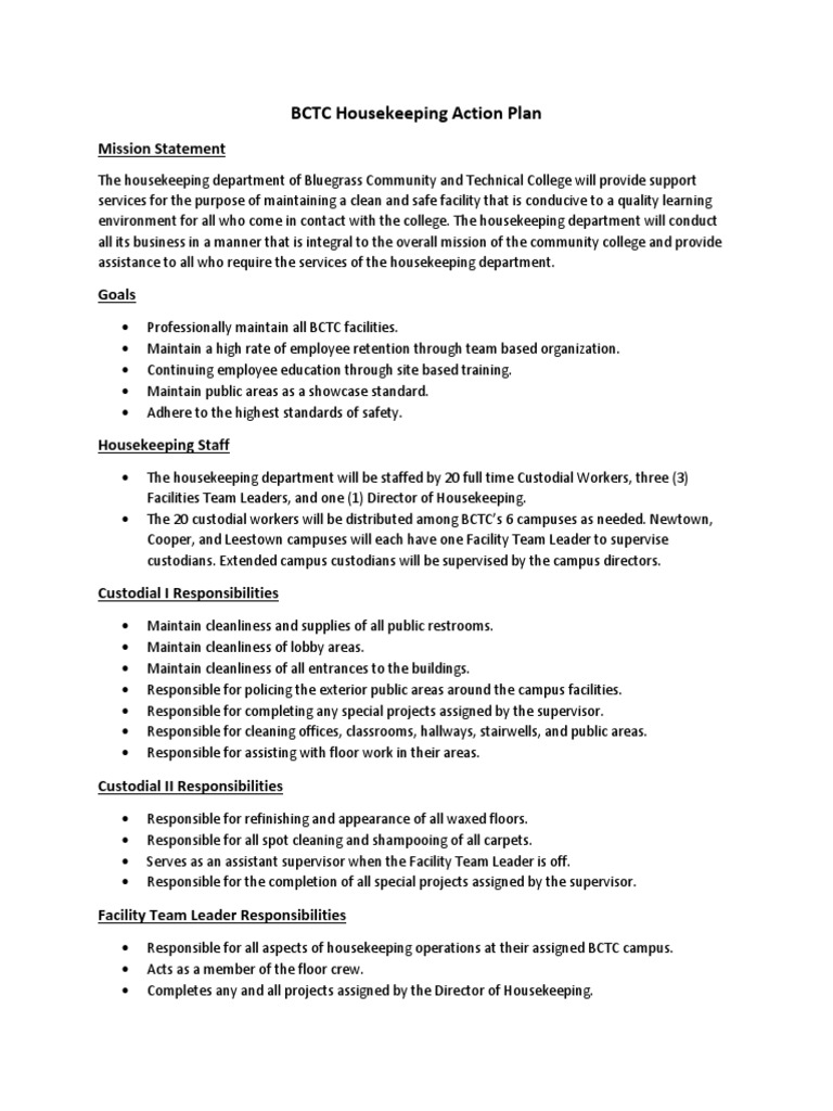 Housekeeping Action Plan Example