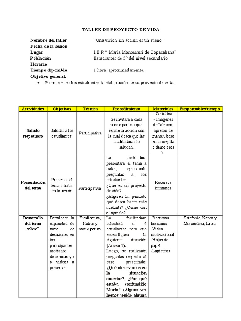 Taller de Proyecto de Vida para Estudiantes | PDF | Análisis FODA ...