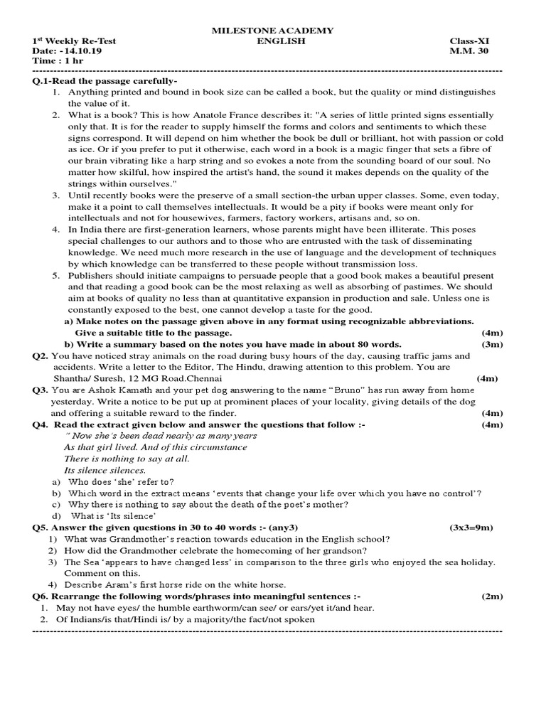 Class 11 English Weekly Re-Test | PDF | Foreign Language Studies