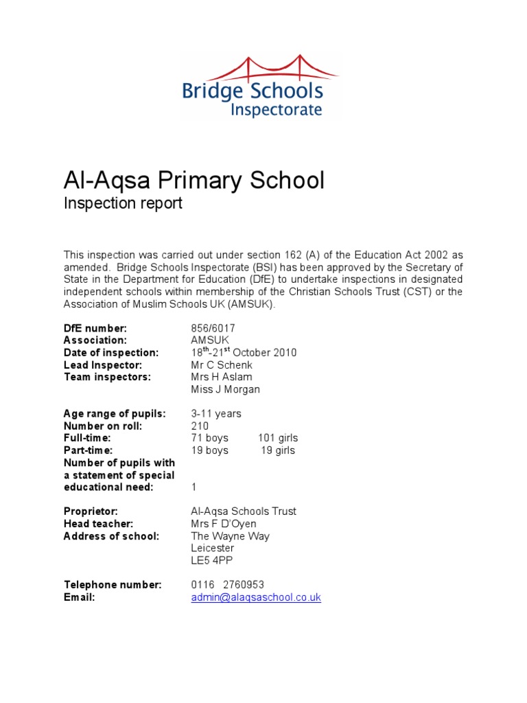 Al-Aqsa Primary School Inspection Report | PDF | Schools | Physical ...